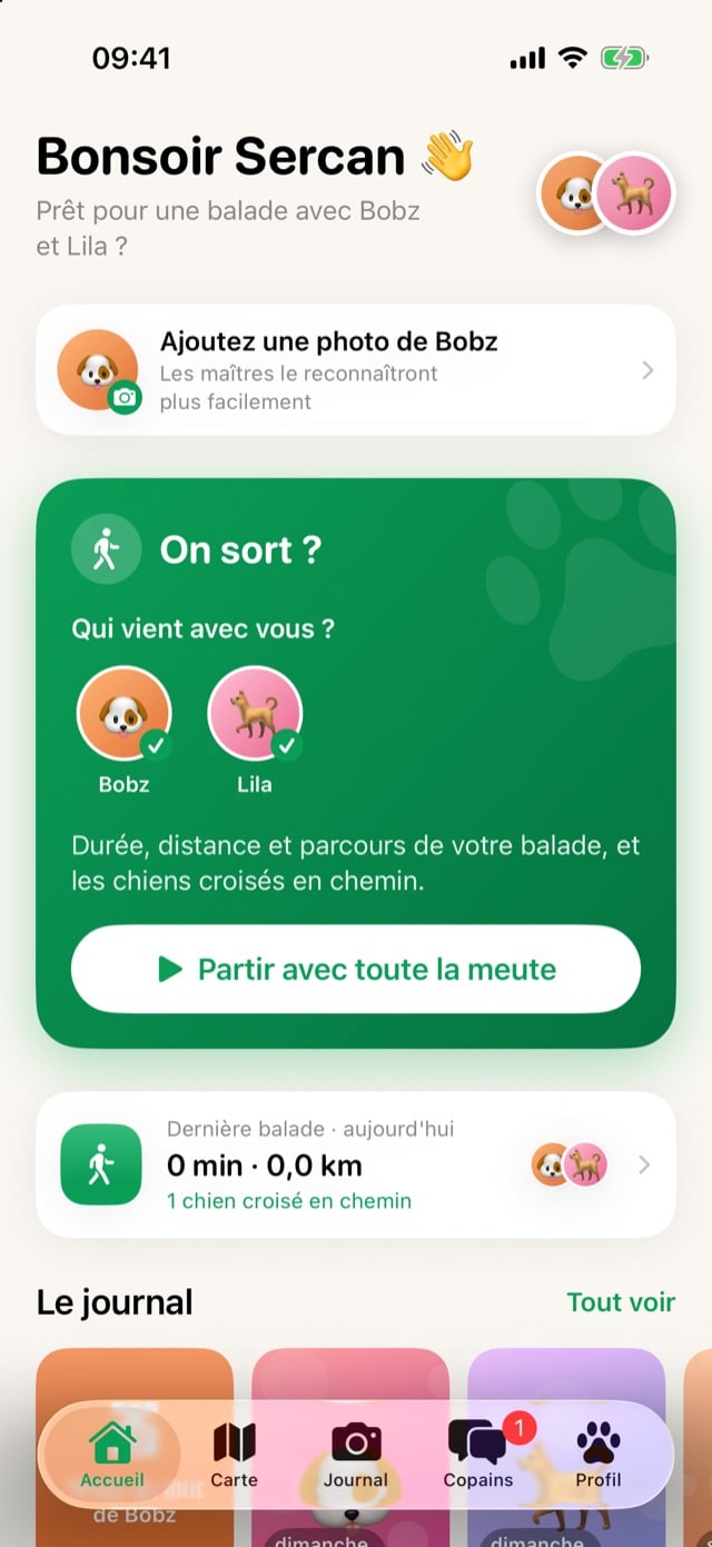 Écran d'accueil de Bobz avec le bouton pour partir en balade